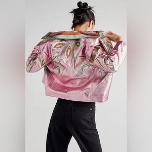 Free People Pink Leather Jacket with Multicolor Design